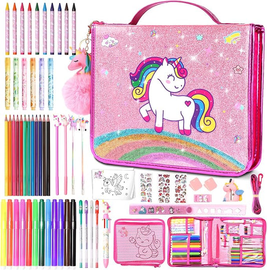 70Pcs Fruit Scented Markers Kit - Kawaii Stationery Set with Unicorn Pencil Case, Art Coloring Drawing Kit for Kid Include Marker, Pencil, Crayon, Pen, Eraser, Sticker, Unicorn Xmas Gift for Girl 4-12