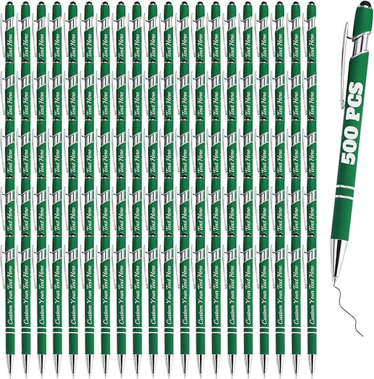 Personalized Pens Bulk 500 with Name Custom Engraving Ballpoint Pens with Stylus Tip Customized Smooth Writing Pens Personalized Gifts for Anniversary Birthday or Graduation(Dark Green,Black Ink)