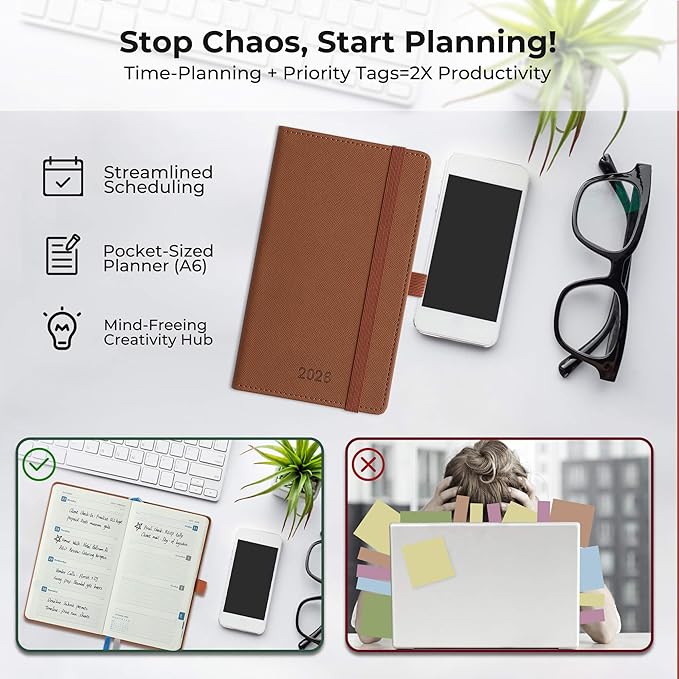 Weekly Monthly 2026 Planner (Jan.26-Dec.26),6.5"x3.75",12 Months Agenda Plan with Month Tabs & Pocket,Expenses/Note Pages, Appointment Book Calendar with Hardcover Vegan Leather Cover,Brown