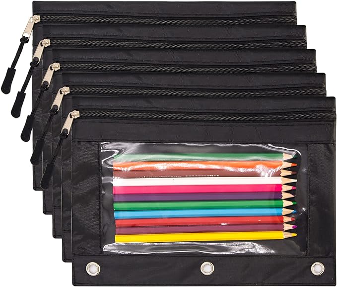 DoDoMagxanadu Binder Pencil Pouches, Pencil Pouch 3 Ring with Zipper Pulls, Clear Window Pencil Case with Rivet Enforced 3 Ring, Black 5 Pack