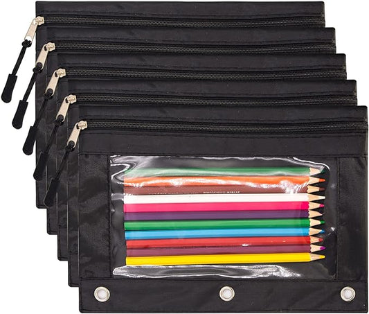DoDoMagxanadu Binder Pencil Pouches, Pencil Pouch 3 Ring with Zipper Pulls, Clear Window Pencil Case with Rivet Enforced 3 Ring, Black 5 Pack
