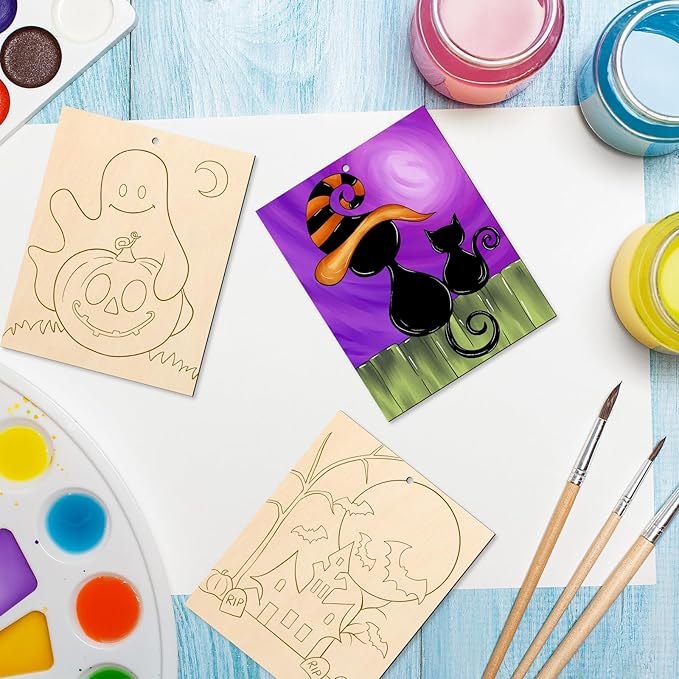 COCHIE 10PCS Large Halloween Unfinished Wood Crafts to Paint for Adults Kids, Bulk Predrilled Wooden Ornaments for Painting, Ghost Witch Bats Paintable Wood Slices Craft Supplies with Ropes