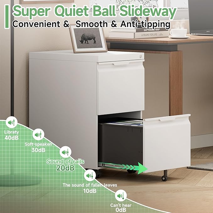 2 Drawer Mobile File Cabinet with Lock,Under Desk Metal Filing Cabinets with Wheels for Home Office Organizer Letters/Legal/A4(Easy Assemble-White)