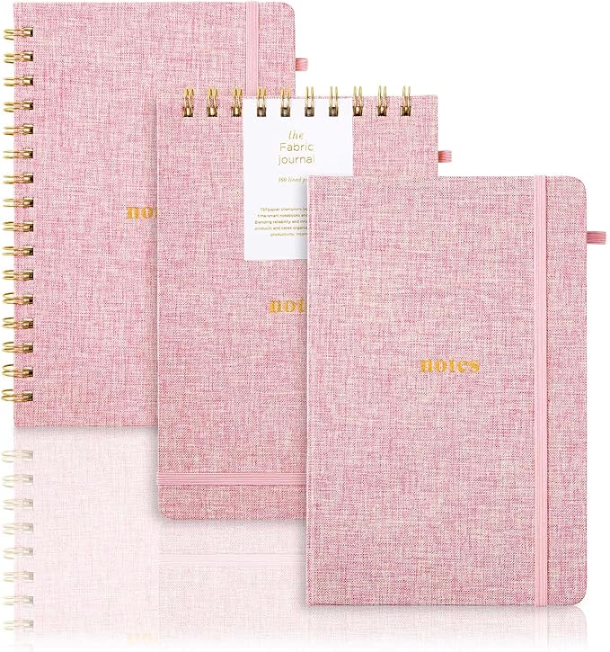 A5 Lined Journal Notebook – Hardcover Fabric Cover 160 Pages 100 GSM Thick Paper With Elastic Band & Pen Holder College Ruled Writing Notebooks for Work School Travel 3pack Pink Set