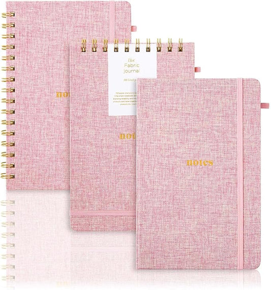 A5 Lined Journal Notebook – Hardcover Fabric Cover 160 Pages 100 GSM Thick Paper With Elastic Band & Pen Holder College Ruled Writing Notebooks for Work School Travel 3pack Pink Set