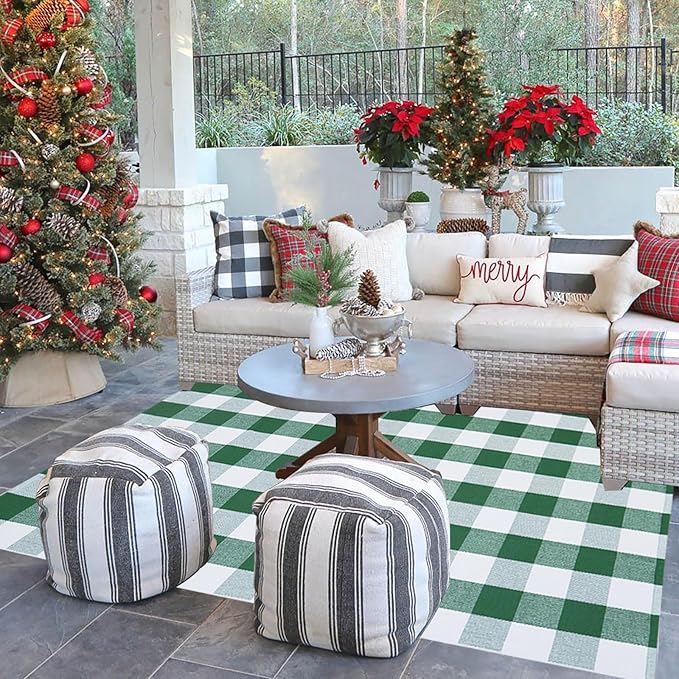 Green & White Christmas Plaid Rug, 4' x 6' Check Indoor/Outdoor Area Rug, Hello/Welcome Door Mat Layering Rug, Machine Washable Cotton Woven Rugs for Farmhouse Front Porch, Entryway