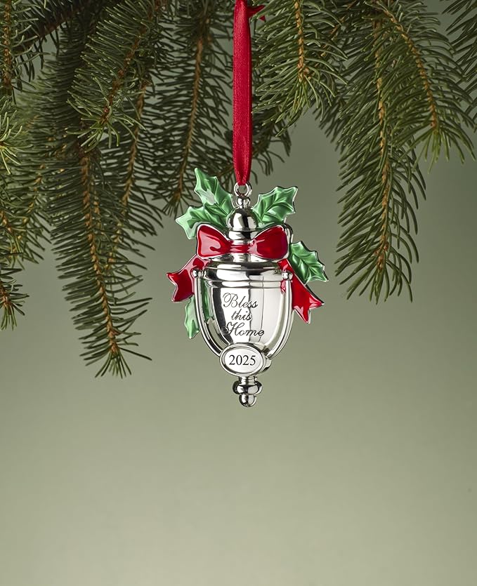 Lenox Ornament, 2025 Bless This Home Silverplate Ornament, Made of Silverplate/Stainless Steel, Christmas Tree Decorations with Red Ribbon for Hanging, Festive Winter Decorations (Silver, 1 Piece)