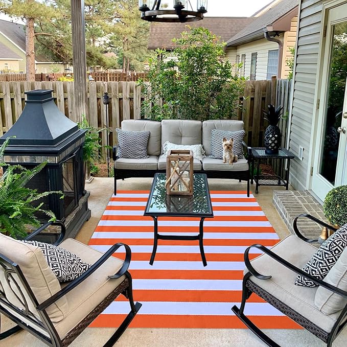 CAINANEL Fall Outdoor Rug Orange and White Striepd Rug Front Door Mat Halloween Thanksgiving Fall Autumn Home Decor, Layerd Welcome Doormat for Front Porch Decor, Front Door, Farmhouse Decor