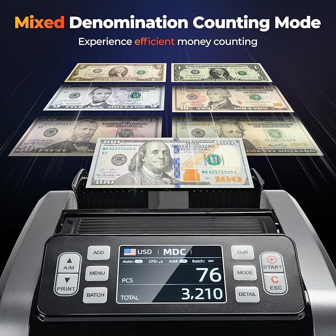 MUNBYN IMC09 Mixed Denomination Money Counter Machine, Value Counting, UV/MG/IR/MT Bill Counter, 3.5" TFT Display Money Counting Machine Printer Enabled, USD, EUR, MXN Cash Counter for Business(Black)