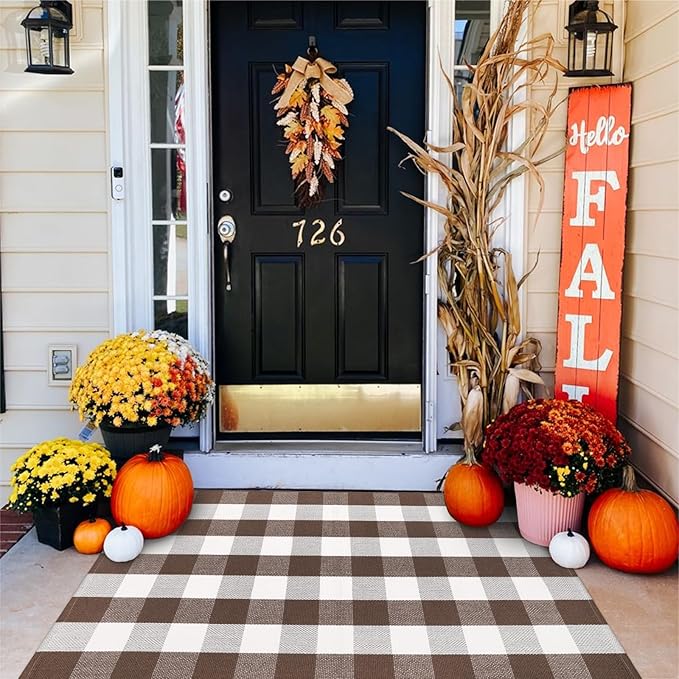 KIMODE Fall Decor Buffalo Plaid Outdoor Rug 3'x5' Brown and White Checkered Rug Farmhouse Cotton Fall Front Outdoor Autumn Door Mat Washable Indoor Outdoor Area Rug Carpet for Front Porch