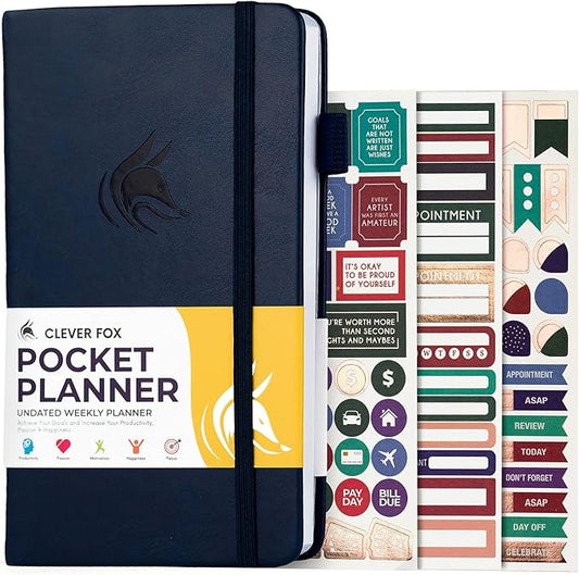 Clever Fox Pocket Planner Weekly – Undated Monthly Goal Planner and Calendar, Mini Planner Perfect for Purse, 3.7x6.7" (Dark Blue)