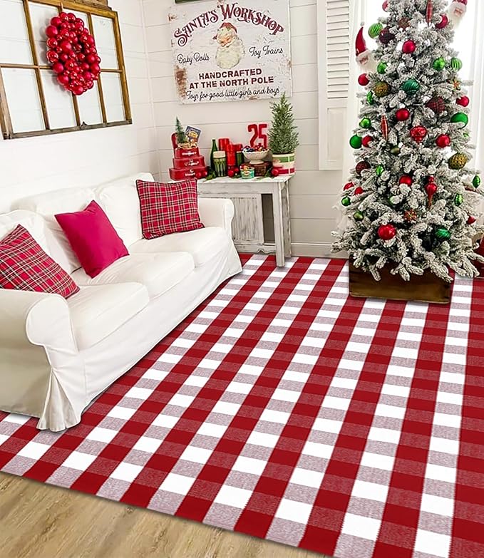 Ckorzen Red and White Plaid Rug, 8' x 10' Christmas Front Porch Outdoor Rug, Handwoven Cotton Washable Rug for Layered Door Mats, Holiday Entryway and Home Décor