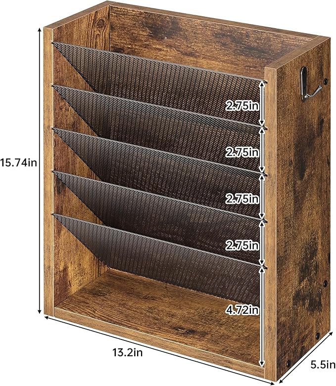 Hanging Wall File Organizer, 6 Tier Wood Wall File Holder with 2 Hooks, Mail Organizer Wall Mounted with Bottom Flat Tray, Vertical Paper Desk Storage for Office, Home, Rustic Brown
