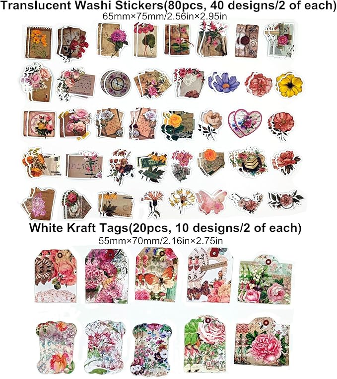 200PCS Vintage Scrapbooking Supplies Pack, Aesthetic Scrapbook Sticker Paper Art Journaling Kit for Bullet Junk Journals,Planner,Cottagecore Decor Gifts (Multiflora)
