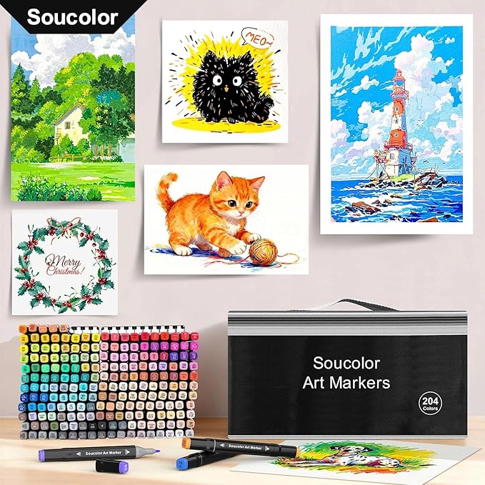 Soucolor Alcohol Markers 204 Colors with Case & Holders, Dual Tips Chisel & Fine Art Markers for Adult Coloring Kids Drawing, Artist Markers Art Supplies for Blending Sketching