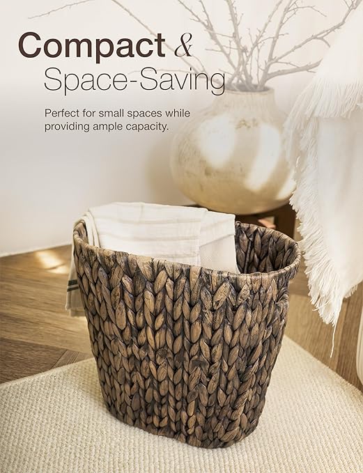 4 Gallons Wicker Waste Basket For Bathroom - Water Hyacinth Wicker Trash Can – Kitchen, Home Bathroom Garbage Can, Oval Magazine Basket - Desk Trash Can, Office Garbage Can with Handles (Black)