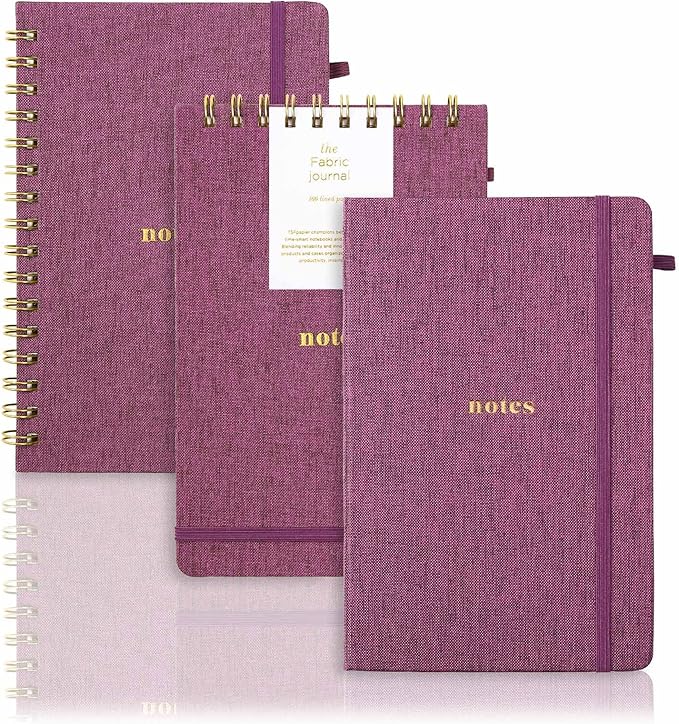 A5 Lined Journal Notebook – Hardcover Fabric Cover 160 Pages 100 GSM Thick Paper With Elastic Band & Pen Holder College Ruled Writing Notebooks for Work School Travel 3pack purplish-red Set