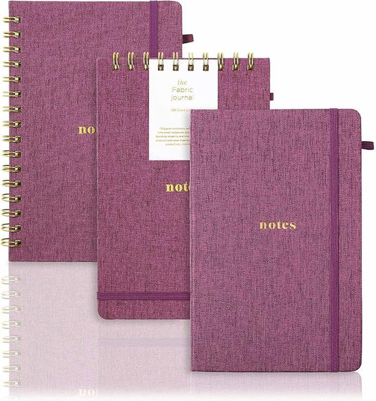 A5 Lined Journal Notebook – Hardcover Fabric Cover 160 Pages 100 GSM Thick Paper With Elastic Band & Pen Holder College Ruled Writing Notebooks for Work School Travel 3pack purplish-red Set