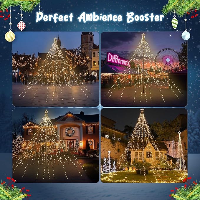 Yescom 4840 LED 20Ft Flag Pole Christmas Tree Light Kit 120V Giant-Sized Outdoor Decoration Event with Star Top 28 String Telescopic for Holiday Display Yard Commercial Carnival Lighting in Park