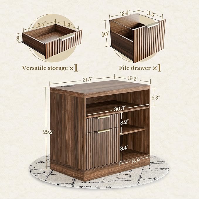 2 Drawer Fluted File Cabinet, 32'' Lateral File Cabinet with Lock and AC/USB for Legal/Letter/A4/F4 Size, Wood Filing Cabinet with Storage Shelves for Home Office, Black Walnut