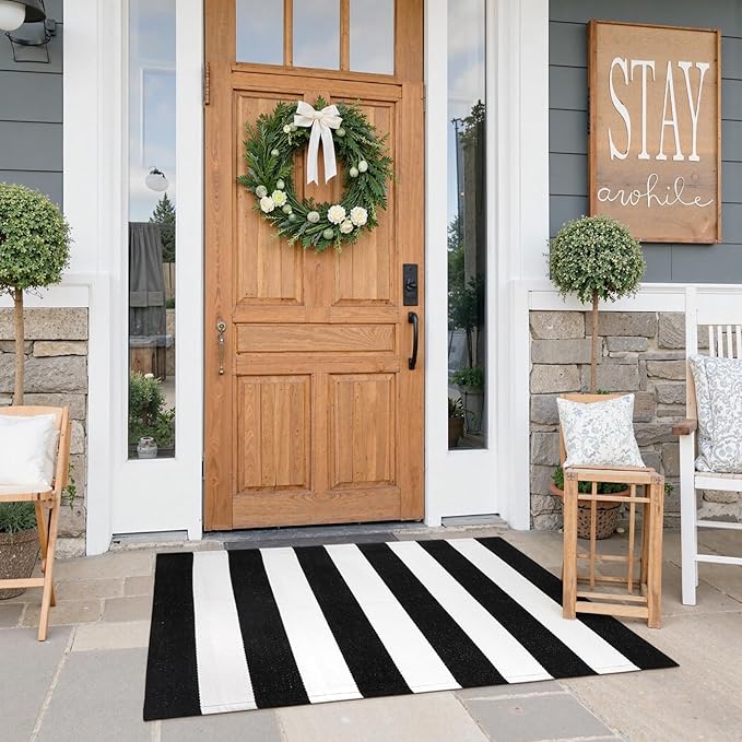 Collive Black and White Outdoor Striped Rug 27.5"x 43", Washable Front Porch Rug Layered Christmas Door Mats, Cotton Woven Farmhouse Christmas Decor for Welcome Mat Kitchen Entryway