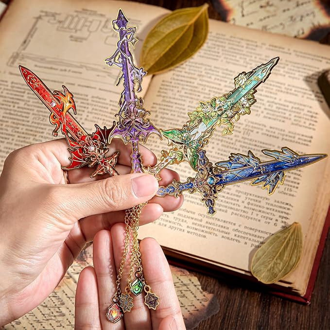 4pcs Fantasy Sword Bookmarks for Books, Journals, Planners - Cool Metal Book Markers for Reading Women & Men, Unique Book Marks Gifts for Book Lovers, Reading Accessories for Students & Adults & Kids