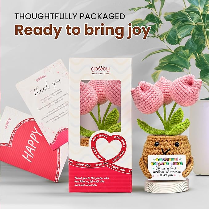 Gossby Handmade Positive Tulip Flower - Emotional Support Crochet Gift for Women - Inspirational, Mental Health, Mothers Day, Birthday Gift for Mom, Sister, Friend, Coworker - Crochet Doll with Card