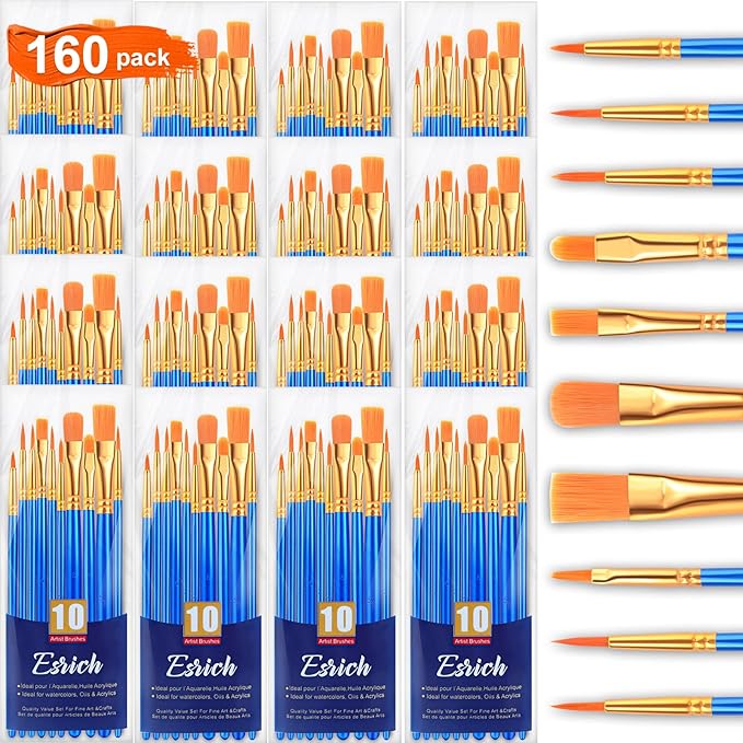 ESRICH Acrylic Paint Brushes Set, 16 Packs /160 Pcs, Nylon Brush Head, Suitable for Acrylic, Oil, Watercolor,Rock Body Face Nail Art,Perfect Suit of Art Painting, Best Gift for Kids Adult Drawing
