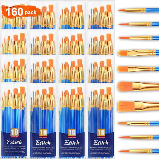 ESRICH Acrylic Paint Brushes Set, 16 Packs /160 Pcs, Nylon Brush Head, Suitable for Acrylic, Oil, Watercolor,Rock Body Face Nail Art,Perfect Suit of Art Painting, Best Gift for Kids Adult Drawing