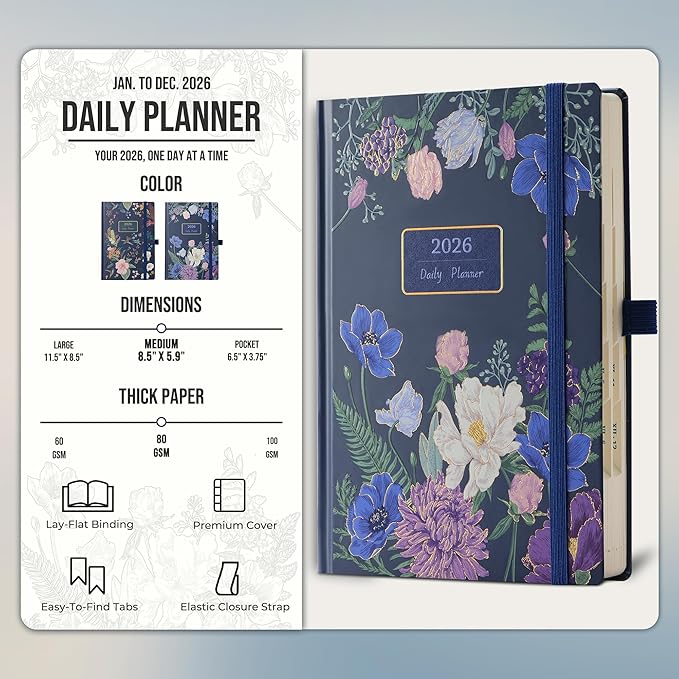 Daily Planner 2026 with One Page Per Day,(A5-8.5" x 5.9"),12 Months Calendar Hourly Appointment Book Monthly Tabs&Self-adhesive Pen Holder,Inner Pocket,3D Designed Flower Cover,Blue