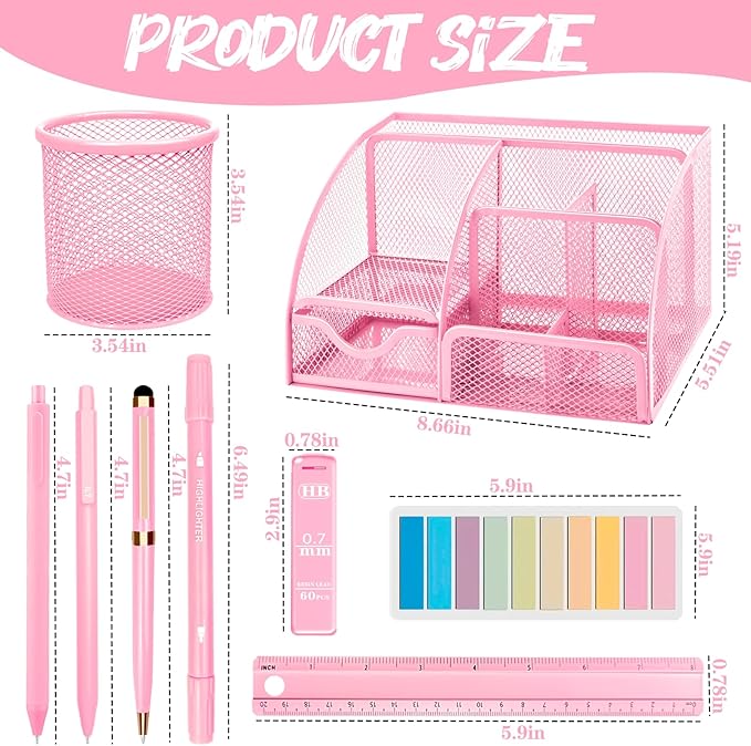 Pink Desk Accessories Set, 17Pcs Pink Office Supplies Kit Include Mesh Desk Organizer, Stapler, Tape Dispenser, Staple Remover, Pen Holder, Clips, Pens, Ruler, for Office Home School Women