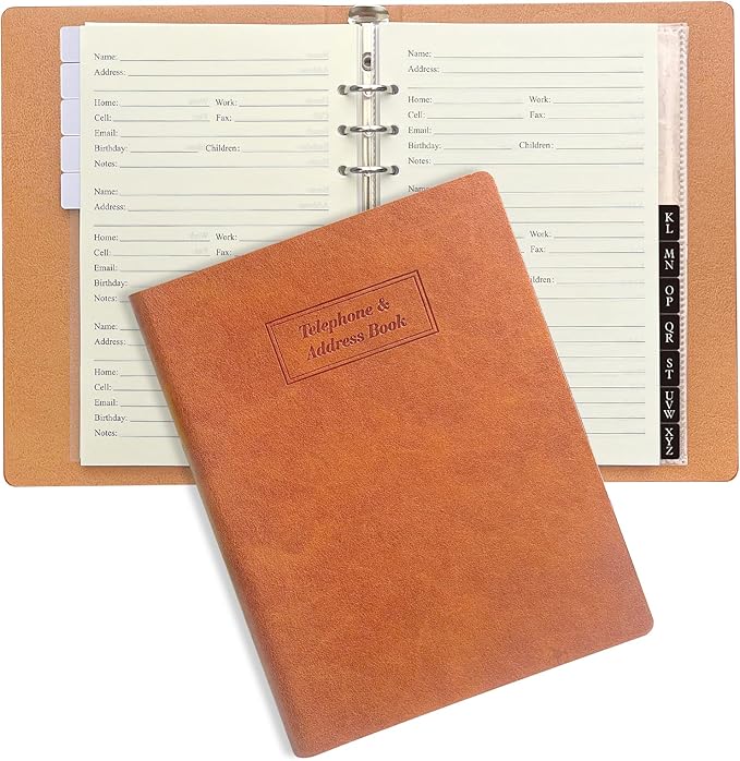 Happyaokeland Refillable Address Book with Alphabetical Tabs, Hardcover Phone Book 648 Contact Book w/Pockets, Large Print Address Books for Seniors, A5, Brown