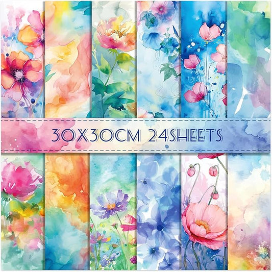 24 Sheets Floral Scrapbook Paper 30x30cm Watercolor Flower Patterned Double Sided Scrapbooking Decorative Craft for Card Making Kit Cardstock Origami Paper Supplies