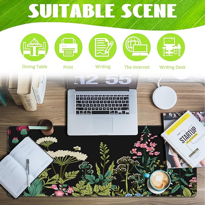 Large Gaming Mouse Pad for Desk,Wildflowers Night Desk Mat,Wild Floral Flower Desk Pad,Extended Big Computer Keyboard Mouse Pad with Non-Slip Base and Stitched Edge,31.5"x11.8"