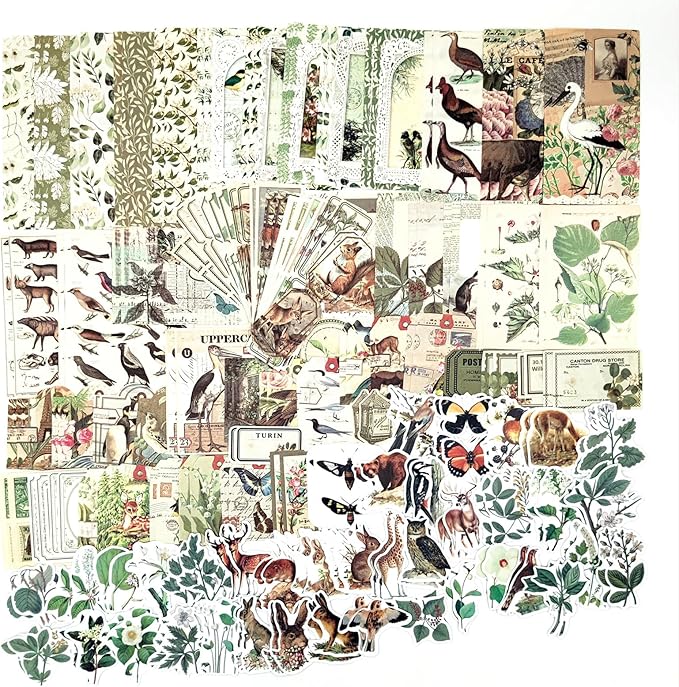 200PCS Vintage Scrapbooking Supplies Pack, Aesthetic Scrapbook Sticker Paper Art Journaling Kit for Bullet Junk Journals,Planner,Cottagecore Decor Gifts (Green Series)