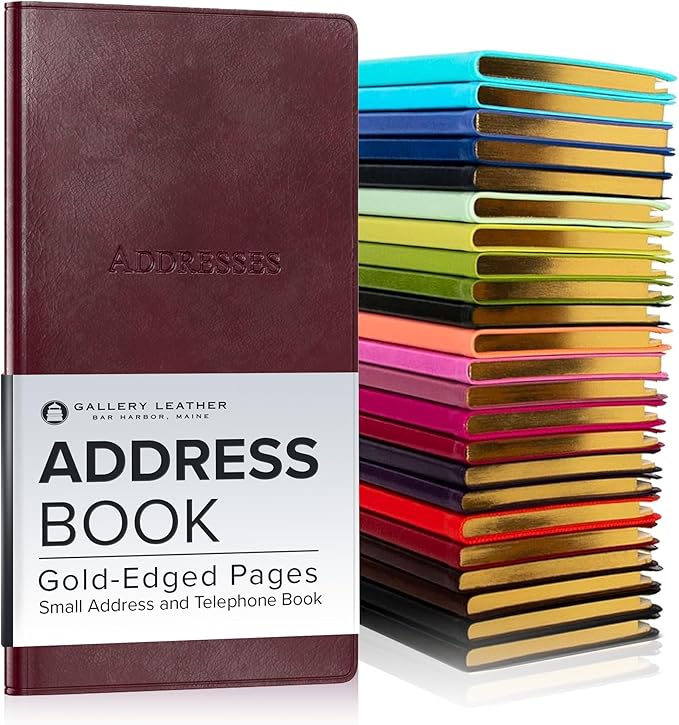 Gallery Leather Small Address Book with Alphabetical Tabs up to 403 Records, Leather Notebook Hardcover, Telephone and Address Books - 6x3.25", Pocket Address, Acadia Burgundy