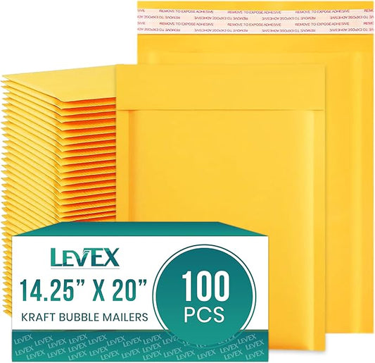 Levex - #7 14.25" x 20 [100 Pack) Kraft Bubble Mailers, Padded Envelope Mailers, Packing Envelope & Mailing Bags for Shipping
