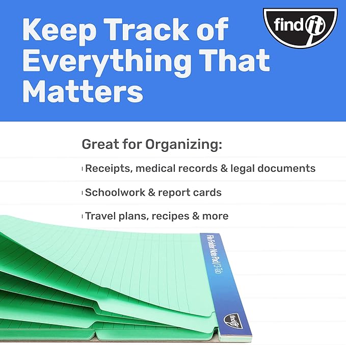 Find It File Folder Notepad - Pack of 12-9.5 x 12.5 Inch Notebook Organizer Folders for Filing, Document, and Clipboard Organization - Green