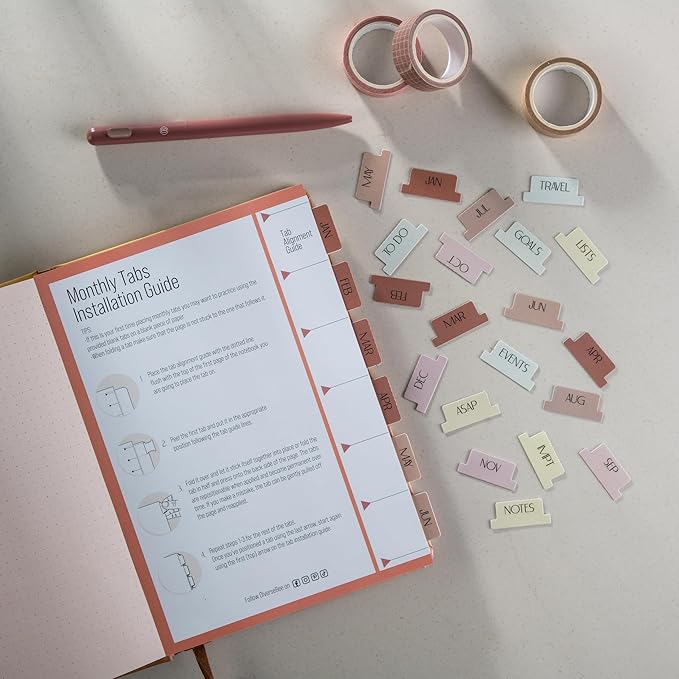 DiverseBee Laminated Planner Monthly Tabs, 24 Peel and Stick Tabs for Notebooks (12 Month Tabs and 4 Blank Tabs), Calendar Monthly Tab Stickers for Planners, Monthly Dividers (Peony)