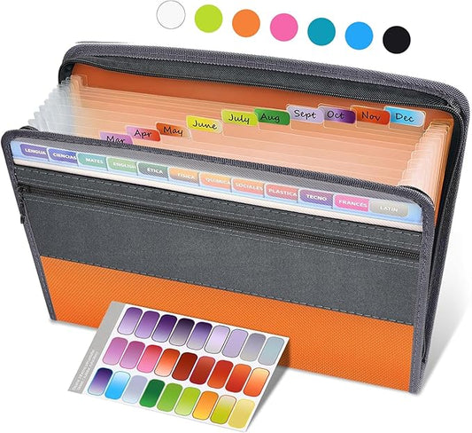 Sooez Accordion File Organizer with Safe Zipper, 12 Pocket Expanding File Folder with Front Pencil Pouch, Portable Monthly Paper Bill Tax Receipt Organizer, School Office Supplies, Letter Size, Orange