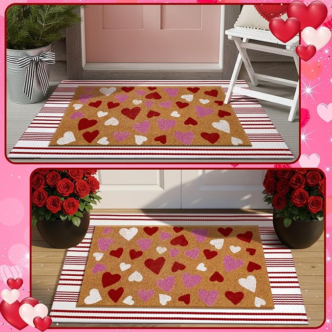 2 Pcs Valentine's Day Coir Welcome Doormat Outdoor Valentine's Day Rug Layered Red and White Stripe Mat Red Heart Mat for Front Porch Outdoor Entryway