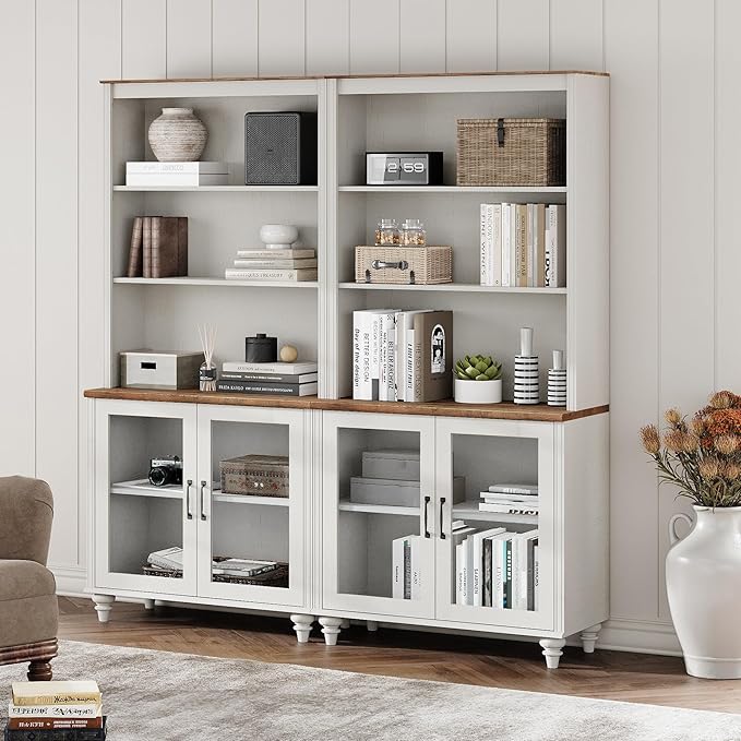 WAMPAT 5 Tier Wooden Bookcase 72" Tall Bookshelf with Adjustable Shelves and Storage Cabinet，Library Wood Bookshelves for Living Room, Study Room, Bedroom, White