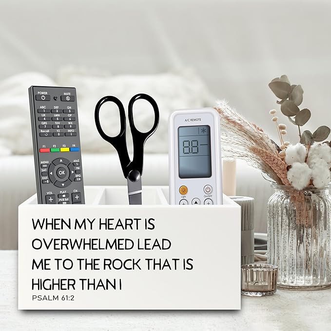 Christian Pen Pencil Holder Organizer for Desk, Christian Gifts for Women Men, Religious Psalm 61:2 Bible Verse Scripture Wooden Box Sign for Home Office Desk Tabletop Decorations