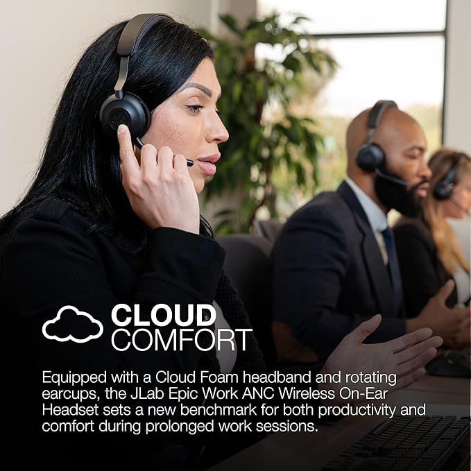 JLab Epic Work Wireless Headset with Microphone, Smart Active Noise Cancellation, Charging Hub, 90+ Playtime, Quick Mute, Bluetooth Headphones, Multipoint Connect, PC, Laptop, Mobile, (1 Pack)