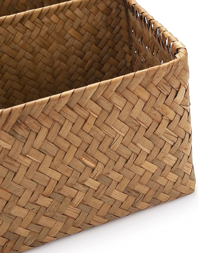 Tea Bag/Sugar Packet Holder, Coffee Station Condiment Organizer, Seagrass Storage Basket, Wicker Rattan Divided Basket Organizer for Drawer/Shelf/Countertop