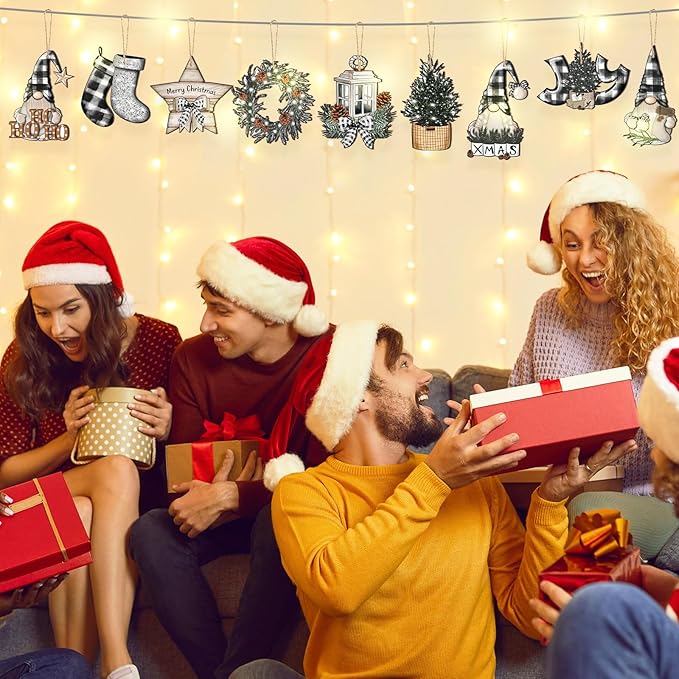 Huwena 36 Pcs Christmas Wooden Ornaments Buffalo Plaid Christmas Decorations for Tree Snowman Gnomes Poinsettia Flowers Truck Wreath Wood Cutouts Tags with Ropes Winter Decor for Xmas Tree Gifts