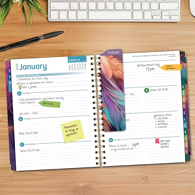 HARDCOVER 2026 Planner, 8.5"x11": 14 Months (November 2025 - December 2026), Daily Weekly Monthly Planner, Yearly Agenda, Bookmark, Pocket Folder and Sticky Note Set (Pastel Peacock)