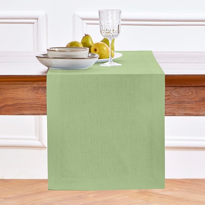 Solino Home Linen Laurel Green Table Runner 36 Inches - 100% Pure Linen Farmhouse Short Table Runner 14 x 36 Inch Ideal for Dresser and Coffee Tables - Fall, Autumn, Thanksgiving - Fete