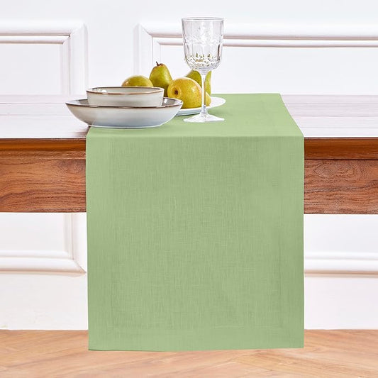 Solino Home Linen Table Runner 60 Inches - 100% Pure Linen Laurel Green Table Runner 14 x 60 Inch Ideal for Dresser and Coffee Tables - Fall, Autumn, Thanksgiving - Fete