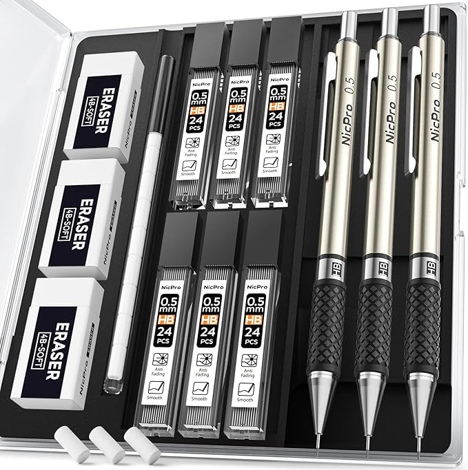 Nicpro RG1000 0.5 mm Art Mechanical Pencil Set in Storage Case, 3 PCS Metal Drafting Pencil Lead Pencil with 6 Tube HB Refills, 3 Erasers, 9 PCS Eraser Refills for Artist Writing, Drawing, Sketching